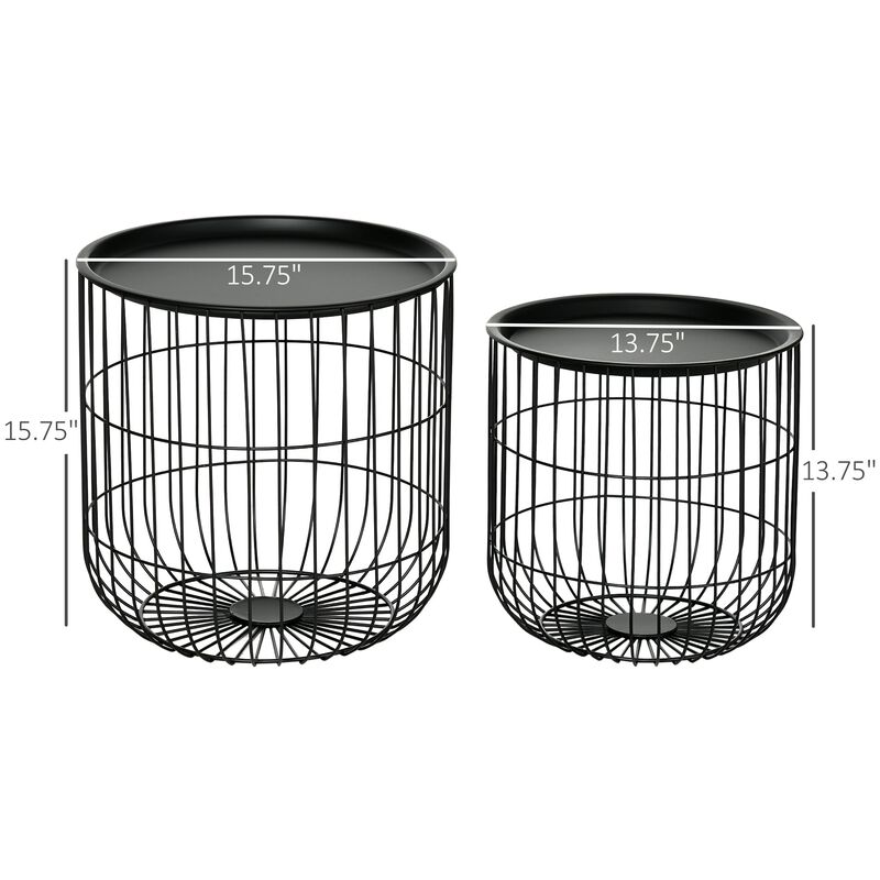 Coffee Table Set, Nest of Coffee Tables with Steel Wired Basket Body and Removable Top for Living Room, Black