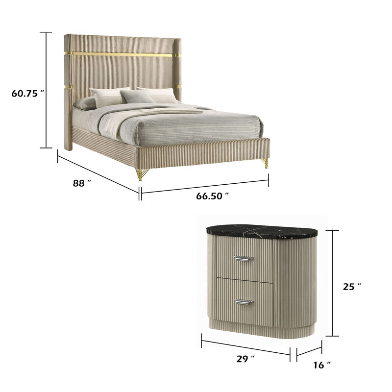 Queen Bedroom Set, Gold, Beige, Black, Silver Wood, 3 Piece Set with 2 Nightstands image number 7