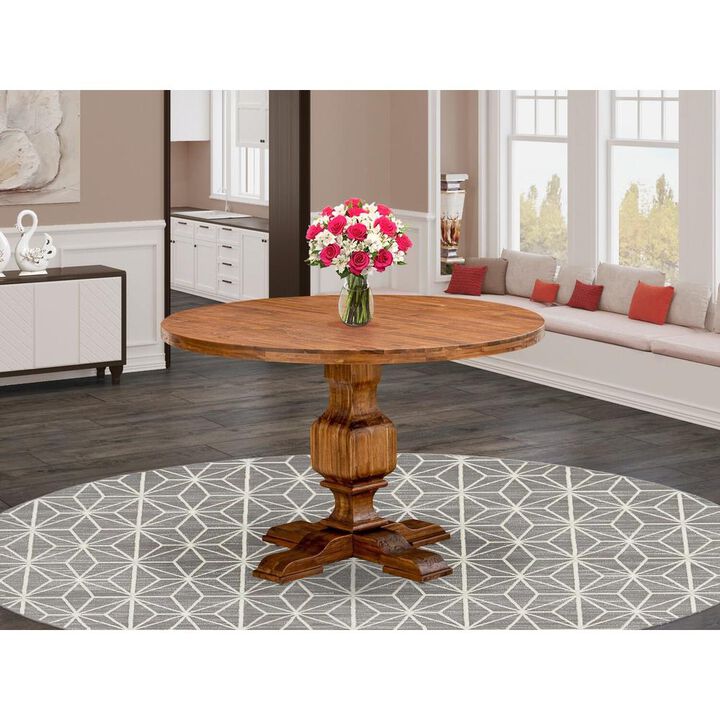 East West Furniture IRVING Round Dining Table with Pedestal, Rustic Rubberwood Table in Sandblasting Antique Walnut