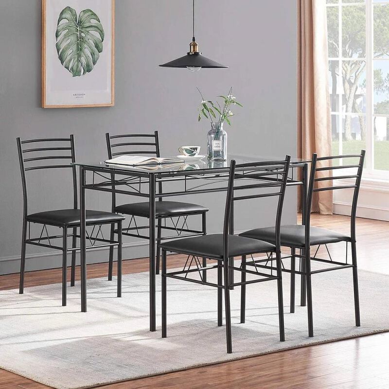 Hivvago Black 5-Piece Dining Set with Rectangular Glass-Top Table and 4 Chairs