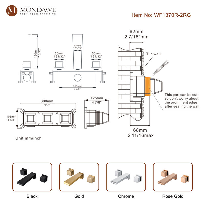 Mondawe Luxury 8 in. Widespread Wall Mounted Bathroom Faucet with Double Handles with Valve (1-Pack)