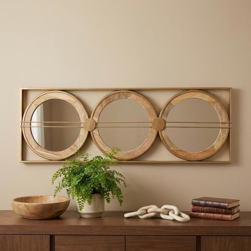 HomeRoots 14" Brown and Gold Aluminum and Wood Geometric Framed Accent Mirror image number 1