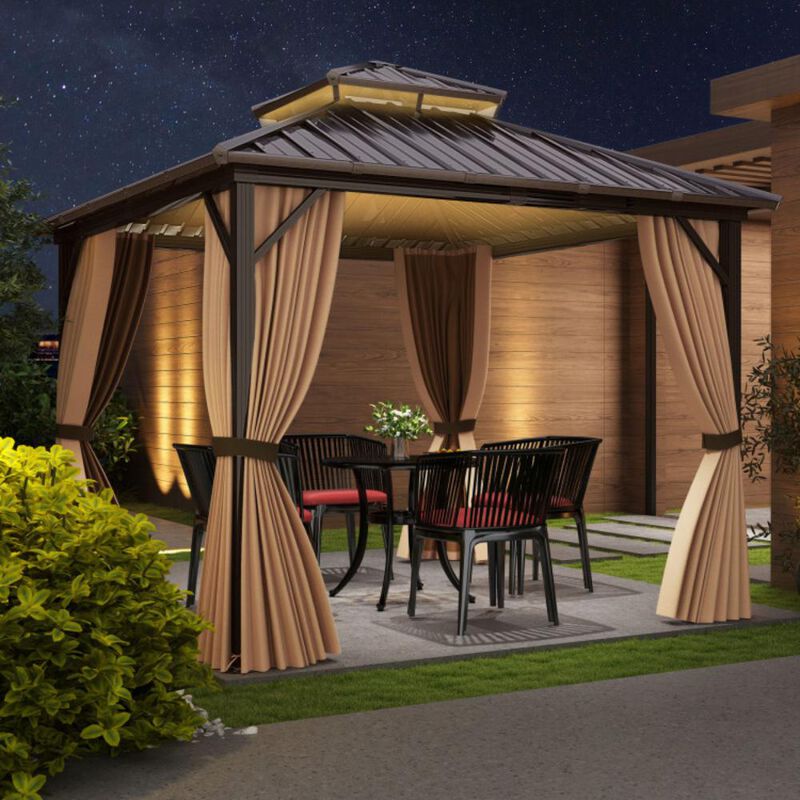 Hivvago Hardtop Gazebo with Netting and Curtain and Double-Roof Galvanized Metal Top image number 1