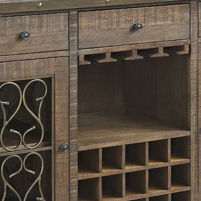 Ral 56 Inch Wood Sideboard Wine Bar Cabinet, Metal Scroll, Rustic Brown