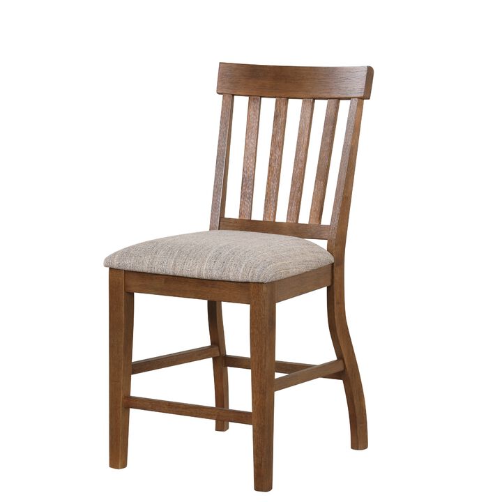 Counter Height Chair Set of 2, Brown Slatted Back, Gray Polyester