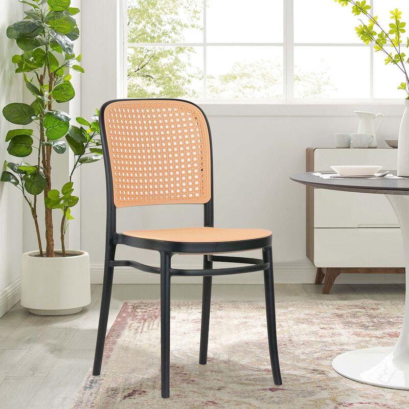Glamour Home Set of 2 Balto Black Plastic Dining Chair with Rattan Detail