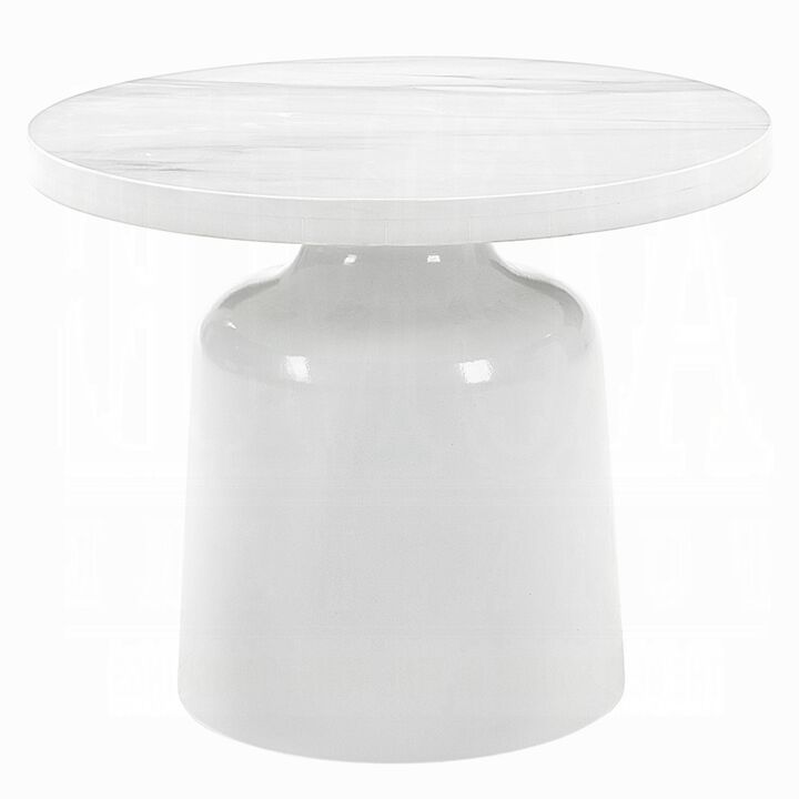 Zayn Round End Table with Pedestal Base, White Faux Marble, 22 Inch