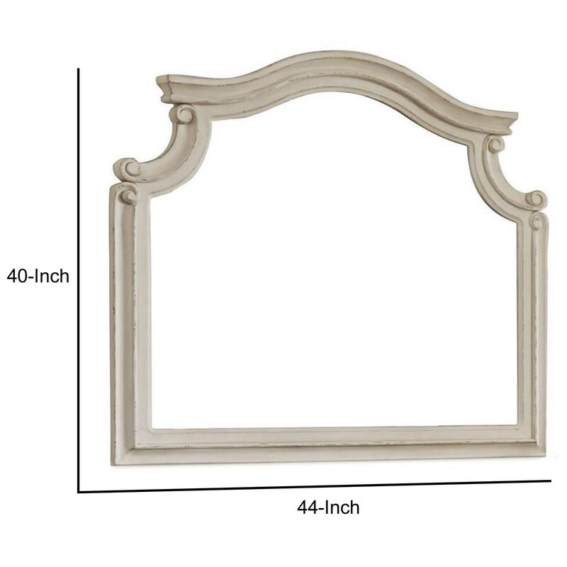 Scalloped Top Wood Encased Mirror with Molded Details, Antique White-Benzara image number 5