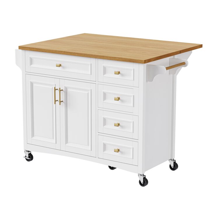 Whisen 52" Kitchen Island with Drop Leaf, 5 Drawers & 2 Doors, MDF & Oak Veneer, Retro Farmhouse Style for Kitchen