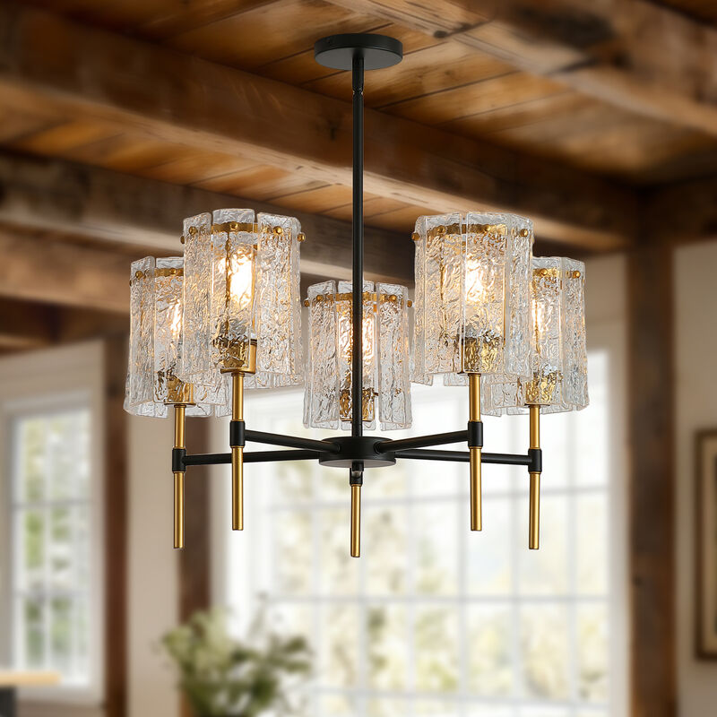 ELEMENT ACE Industrial Textured Water Ripple Glass Chandelier, Adjustable Height E26 Base Compatible Light Fixture for Dining Room Living Room Entryway image number 1