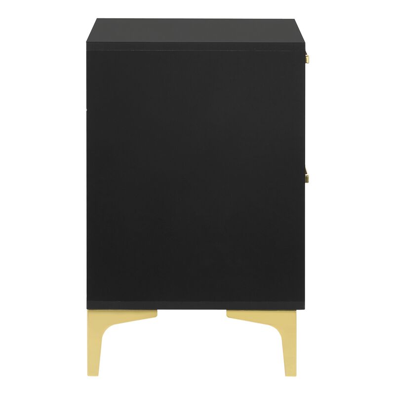 Lif 25 Inch Modern 2 Drawer Nightstand, Gold Metal Accents, Jet Black  - Benzara