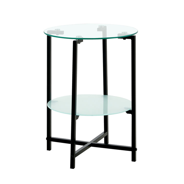 2-layer Tempered Glass End Table, Round Coffee Table for Bedroom Living Room Office