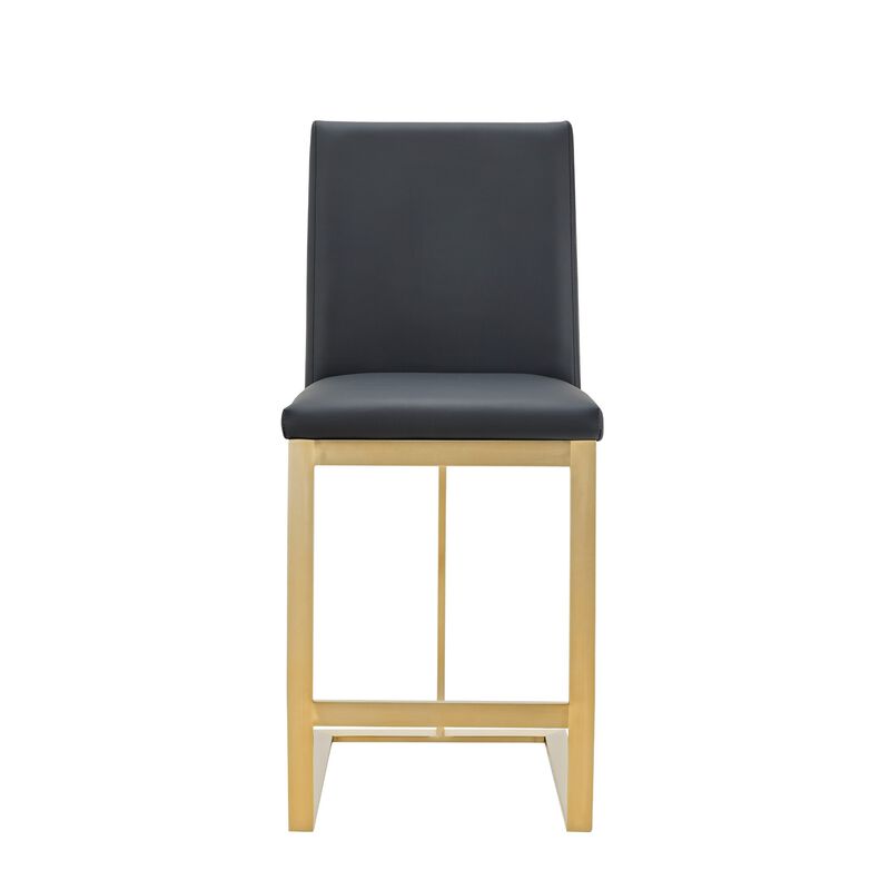 Cid Anki Counter Stool Chair, Dark Gray Faux Leather, Brass Stainless Steel - Benzara image number 2