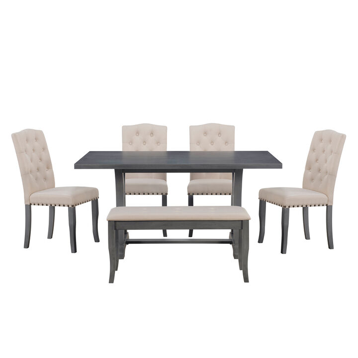Whisen 6-Piece Farmhouse Dining Table Set with 4 Upholstered Chairs and Bench for Dining Room - Antique Gray