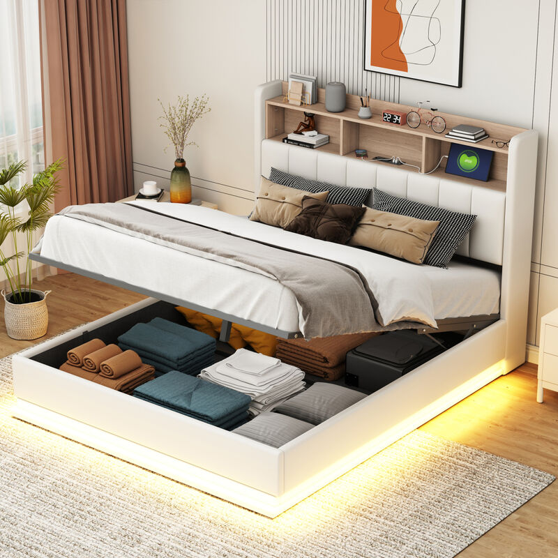 Queen Size Upholstered Platform Bed with Storage Headboard and Hydraulic Storage System, PU Storage Bed with LED Lights and USB charger, White