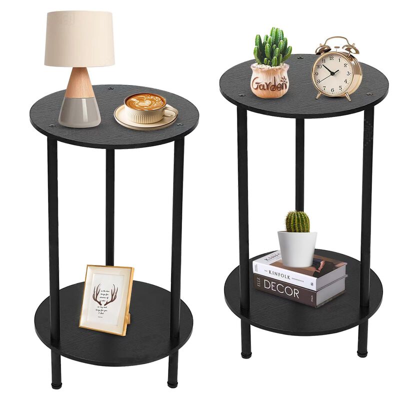 Small Round Side Table, End Tables Living Room Set of 2, Black End Table for Bedrooms, Small Side Table for Small Spaces,2 Tiers