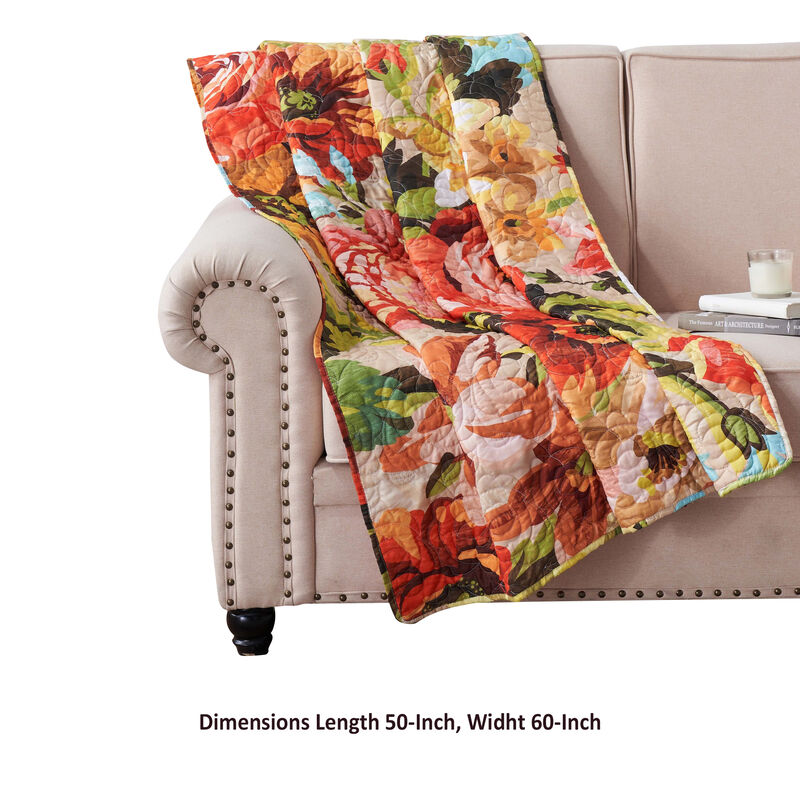 Dahl 50 x 60 Quilted Floral Throw Blanket with Polyester Fill, Multicolor - Benzara