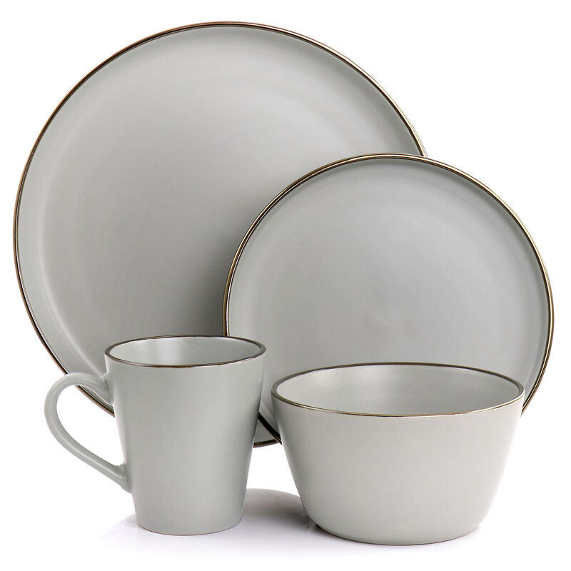 Elama Louis 16 Piece Stoneware Dinnerware Set in Matte Slate with Gold Rim