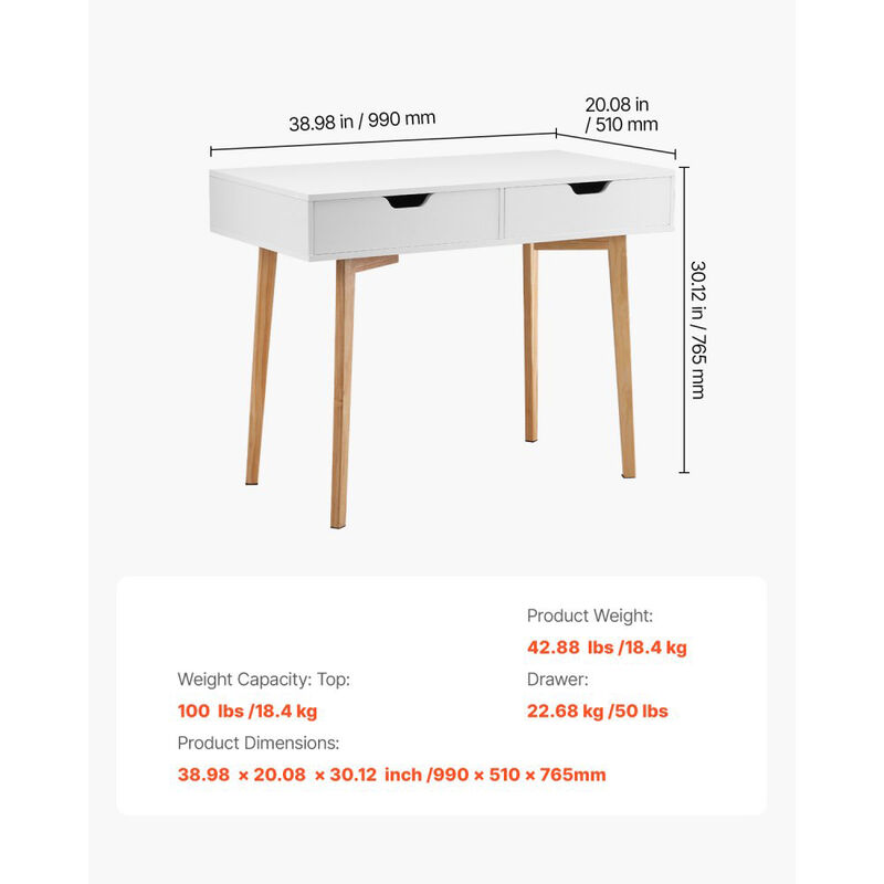 Compact Study Desk with Drawers Wooden Writing Table for Kids Bedroom-White image number 2