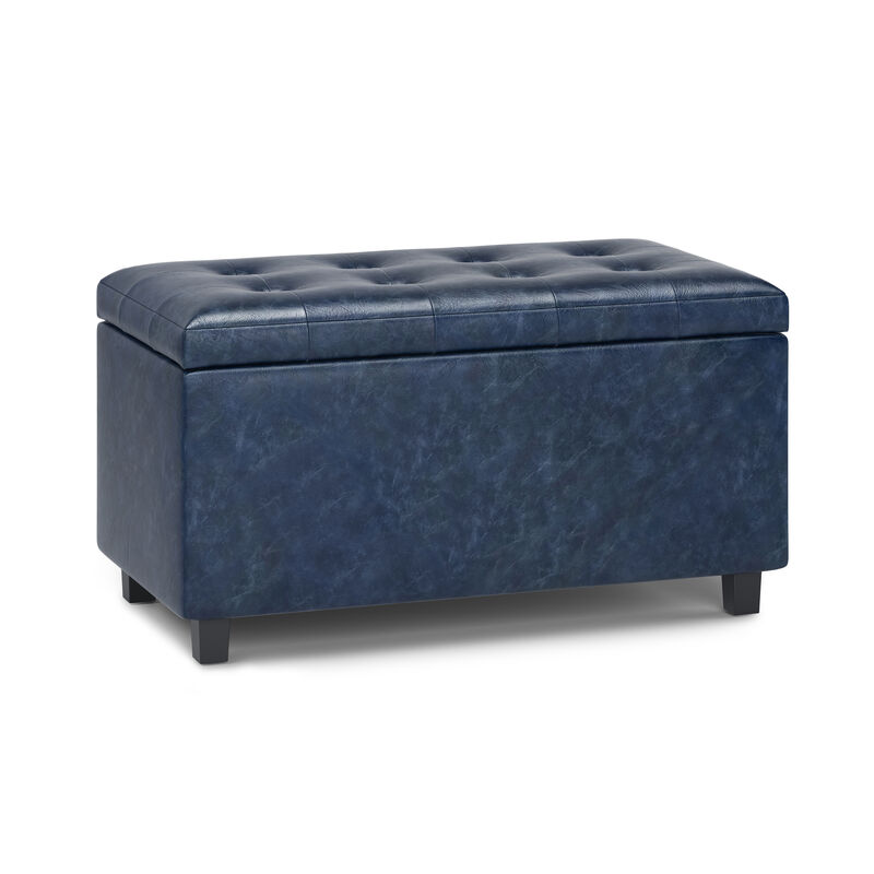 Cosmopolitan 34 inch Wide Contemporary Rectangle Storage Ottoman in Denim Blue Vegan Faux Leather, Assembled image number 0