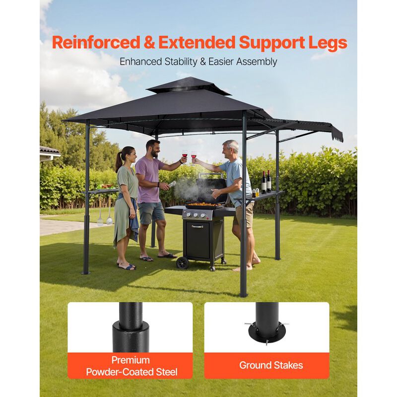 Outdoor BBQ Gazebo with Double-Tier Roof, Steel Grill Shelter, Side Shelves and Hanging Hooks-Dark Grey image number 4