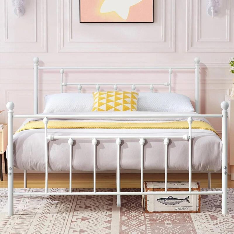 Hivvago Queen size Vintage Style White Metal Platform Bed Frame with Headboard Footboard