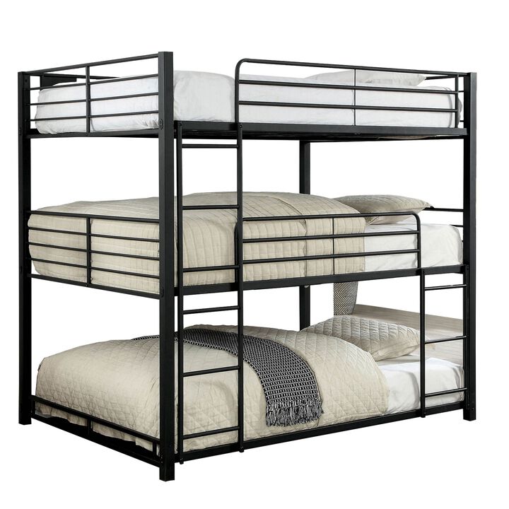Industrial Style Full Triple Decker Bunk Bed with Ladder, Black-Benzara