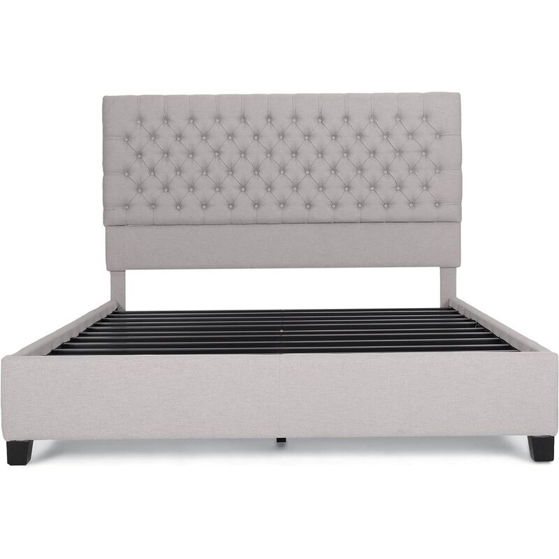 Amare Platform Queen Size Bed, Button Tufted Light Gray Polyester - Benzara