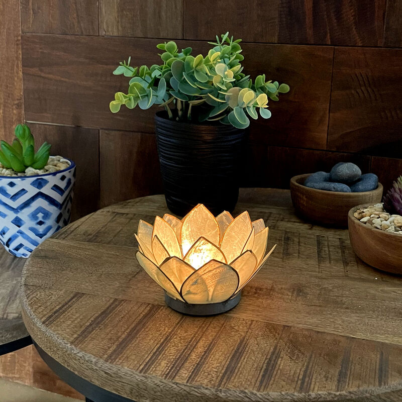 Seafoam Green Capiz Shell Blooming Lotus Flower Blossom Tealight Candle Holder image number 7