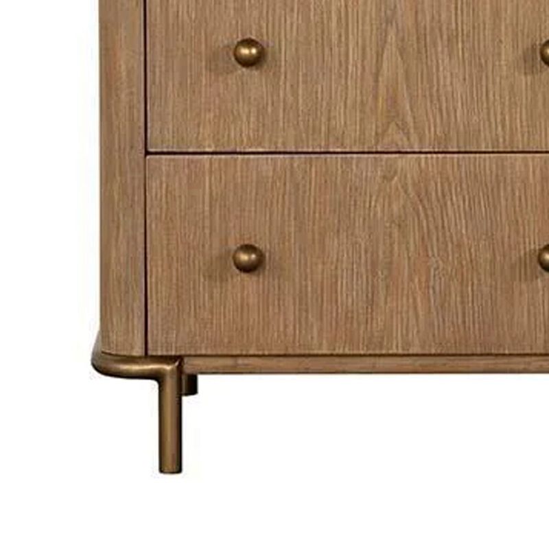 Hiz 29 Inch 3 Drawer Nightstand with Dual USB Ports, Brass Legs, Brown - Benzara