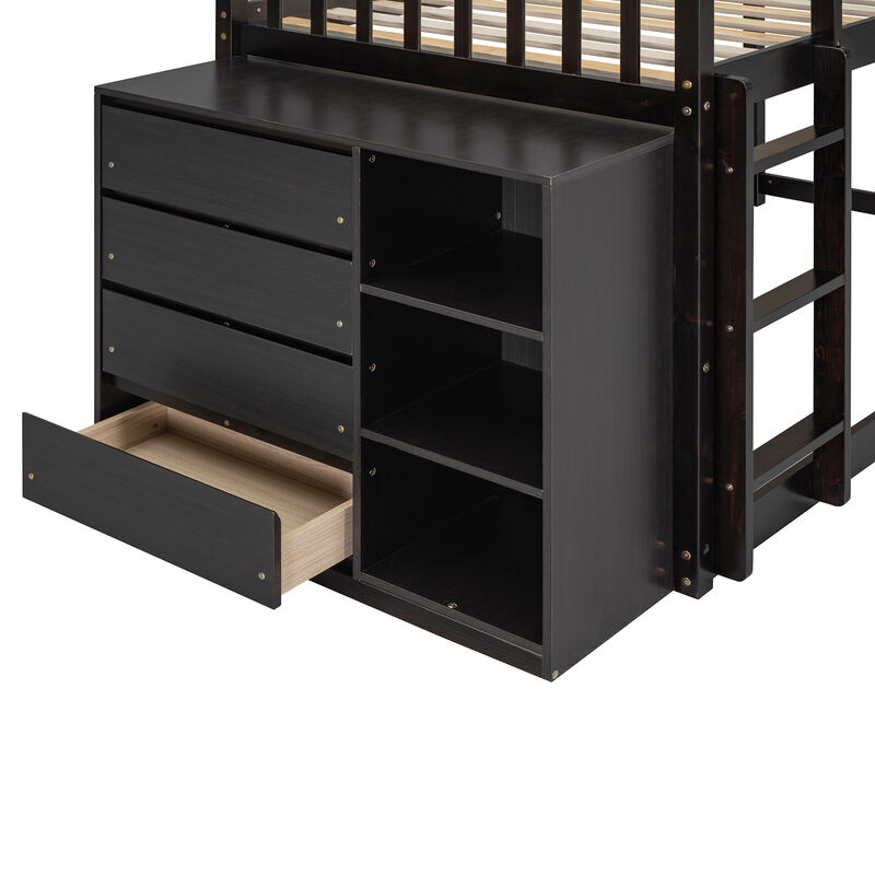 Whisen Twin over Twin Bunk Bed with 4 Drawers and 3 Shelves- Espresso