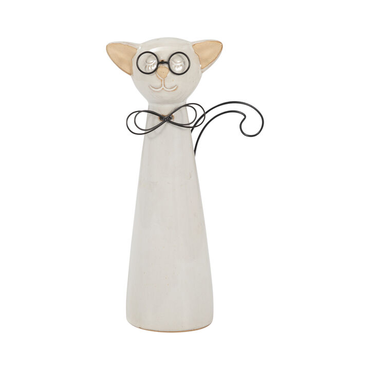 Ceramic Cat W/ Glasses, Beige