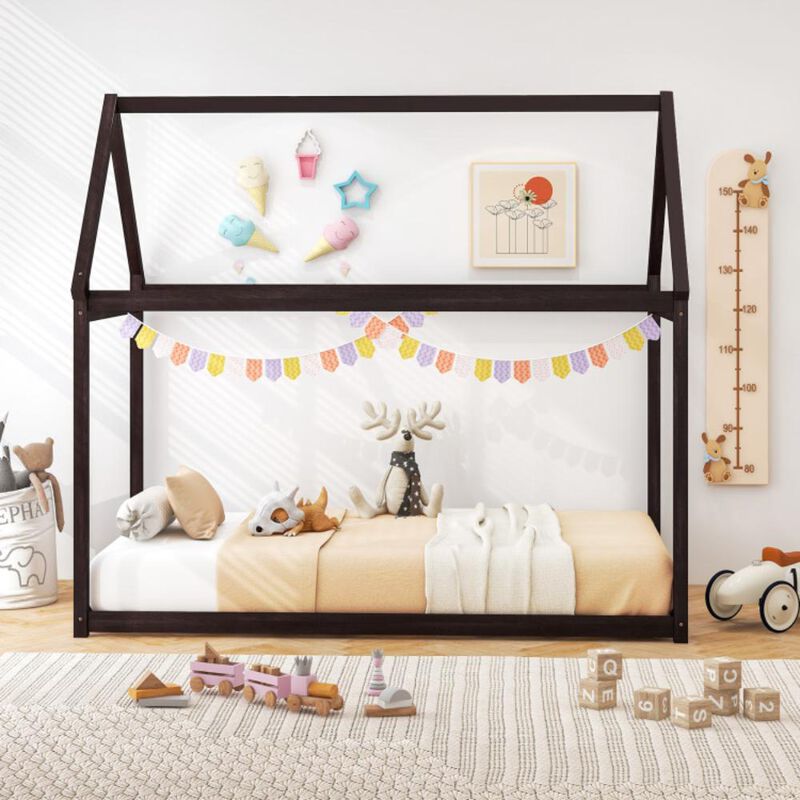 Hivvago Twin Size Kids House Bed Wood Frame with Roof