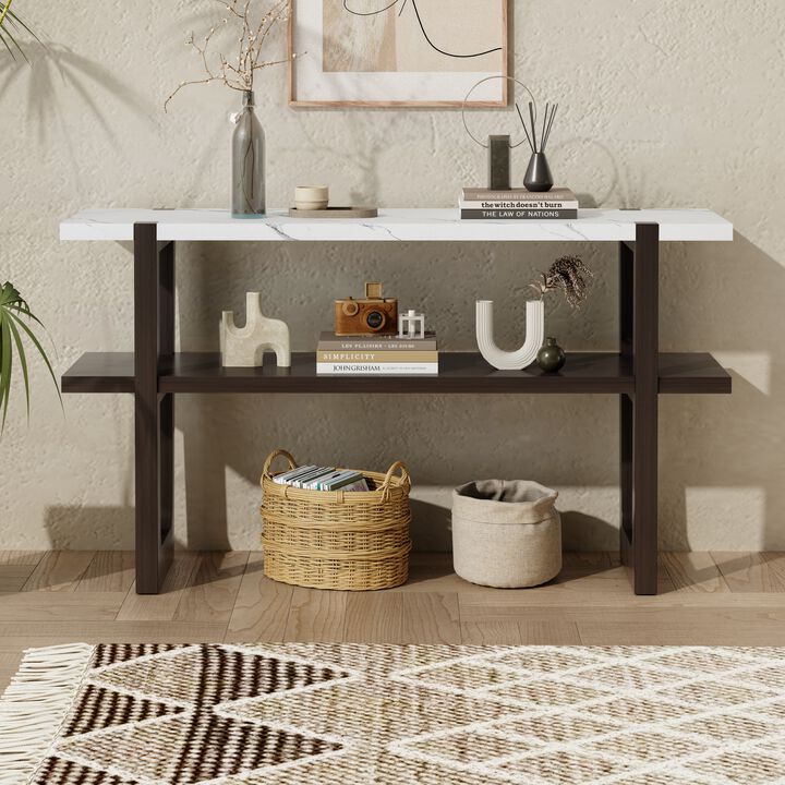 Clihome Narrow Console Table with Marble-Effect Top, Retro Entryway Table with Open Shelf, Sofa Table for Entryway, Hallway and Living Room