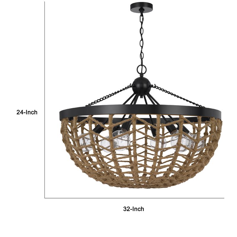 6 Light Pendant Chandelier, Caged Bowl Braided Rope, Black Metal 32 Inch image number 7