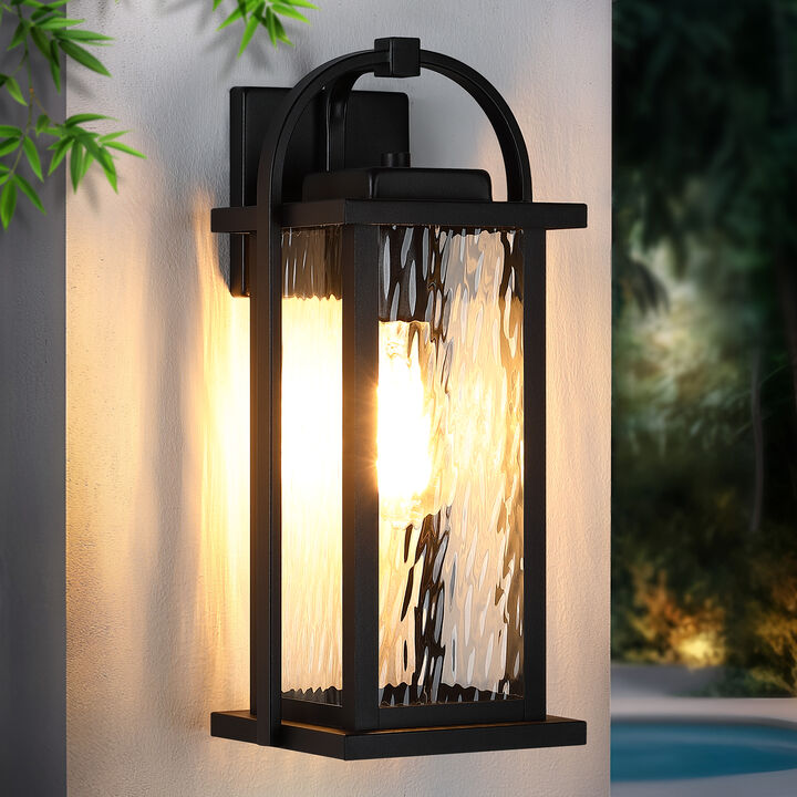 15.25 in. 1-Light Black Outdoor Wall Lantern with Clear Water Glass Shade