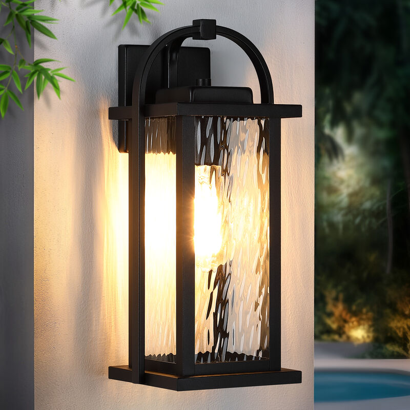 15.25 in. 1-Light Black Outdoor Wall Lantern with Clear Water Glass Shade image number 1