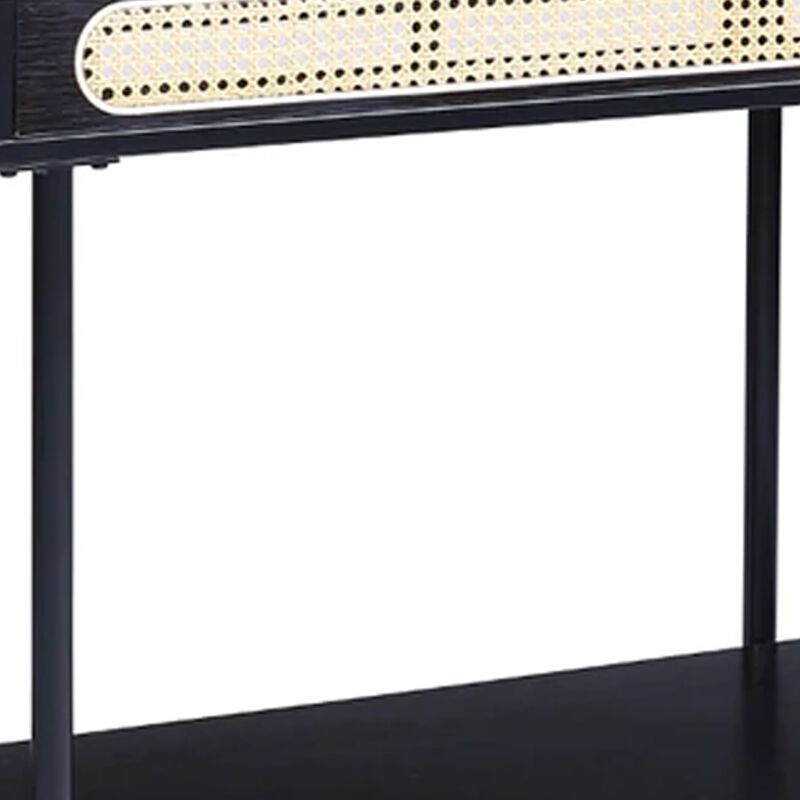 Bert 47 Inch Oblong Console Table, Rattan Apron Accent, Metal Legs, Black-Benzara