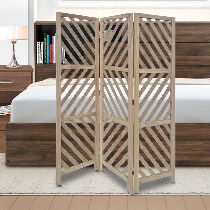 3 Panel Wooden Frame Screen with Diagonal Cut Slats, Natural Brown-Benzara