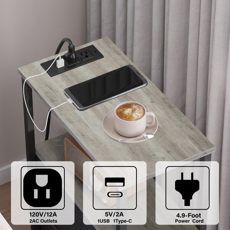 TUTOTAK Small Narrow LED End Table with Charging Station, Side Table Outlets, Nightstand with 2 Cloth Drawers, Set of 2, Couch T