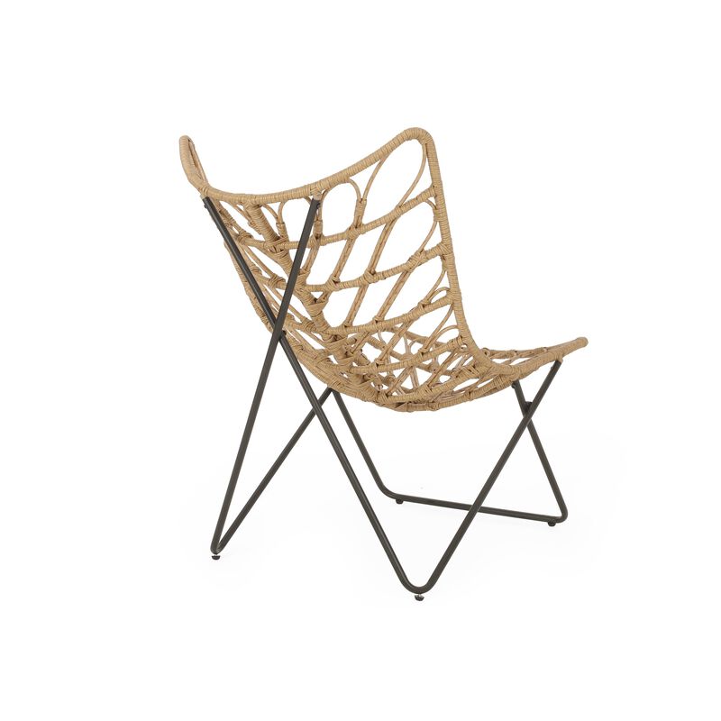 Fordy Outdoor Chair Set of 2, Curved Seat, Brown Rattan, Black Metal - Benzara