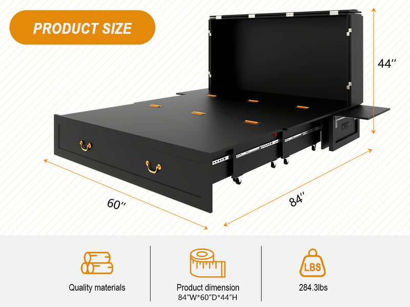 Queen Murphy Bed, Murphy Bed with Drawer Includes Storage Cabinet,USB and Charging Port,Black
