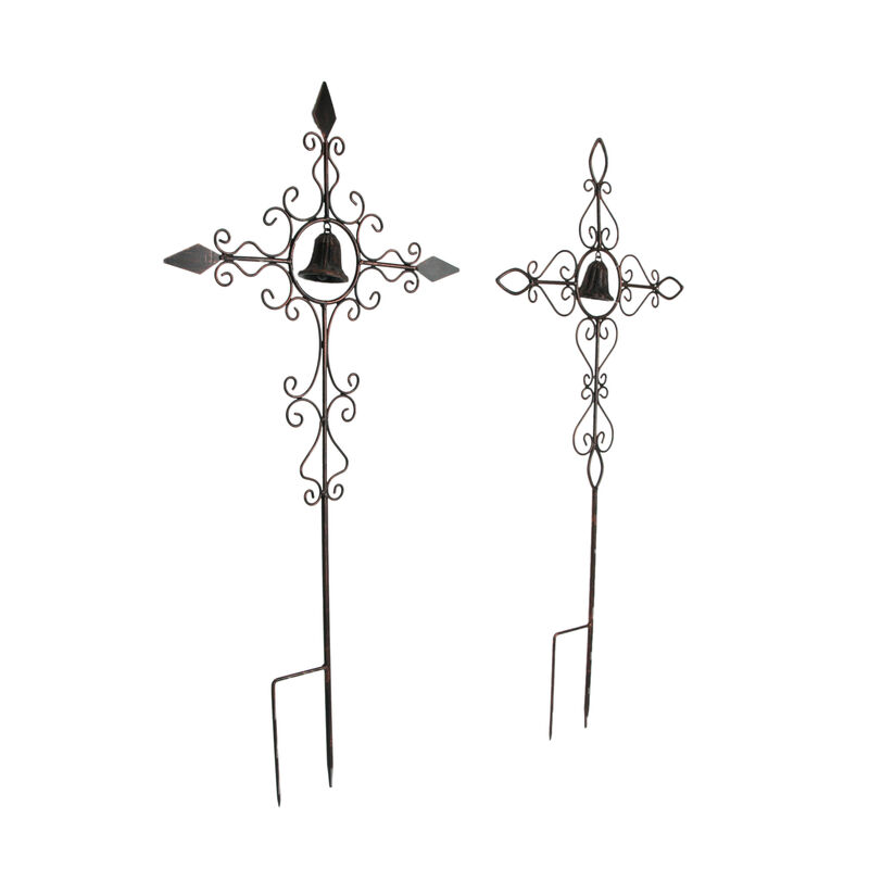 Set of 2 Aged Copper Finished Scroll Design Metal Garden Stakes With Wind Bells image number 1