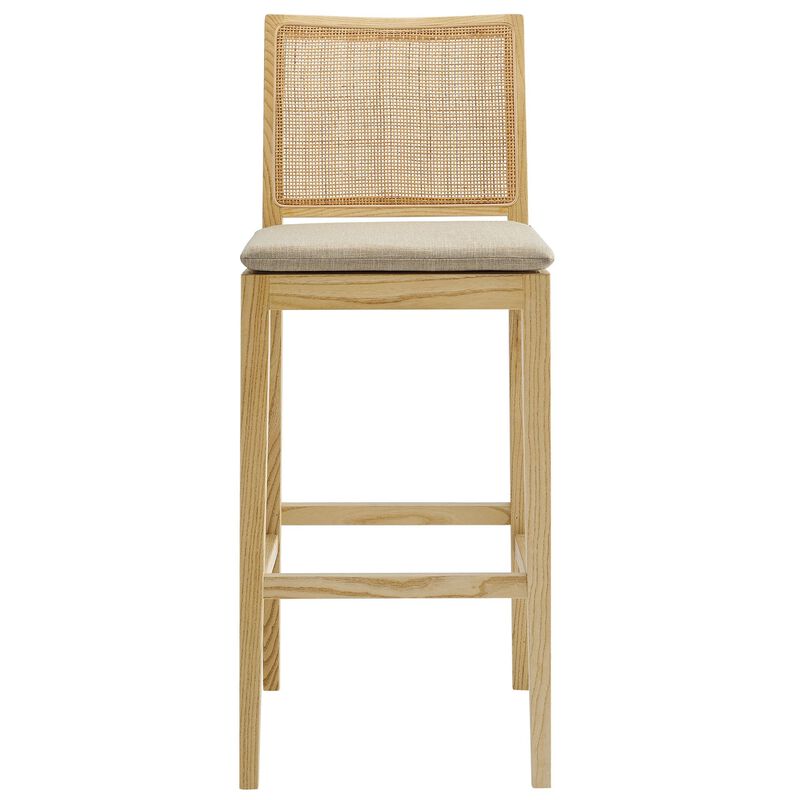 Modway Ovard Wood Bar Stool in Natural with Rattan Back &ndash; Natural Rattan Armless Bar Chair with Removable Padded Seat &ndash; Solid Wood and Fabric Bar-Height Stool image number 7