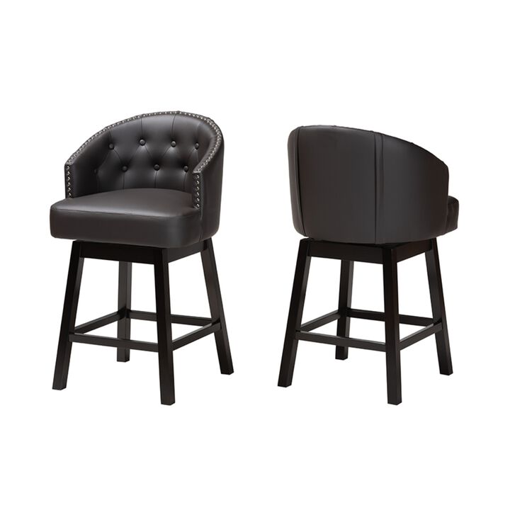 Baxton Studio Theron Mid-Century Transitional Dark Brown Faux Leather and Espresso Brown Finished Wood 2-Piece Swivel Counter Stool Set