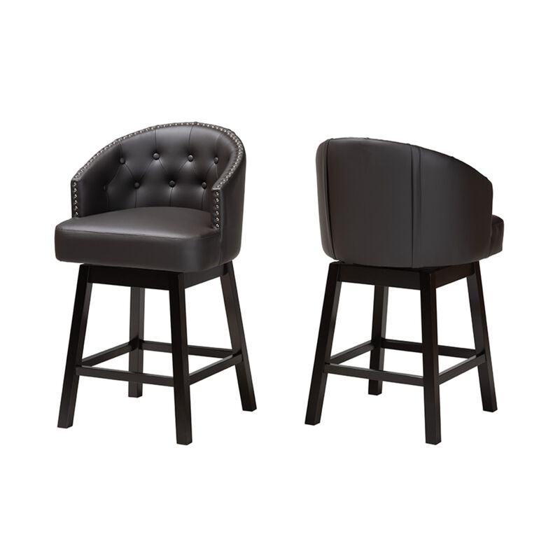 Baxton Studio Theron Mid-Century Transitional Dark Brown Faux Leather and Espresso Brown Finished Wood 2-Piece Swivel Counter Stool Set