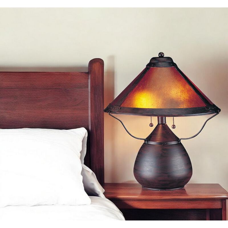 Hivvago 17" Rust Metal Two Light Round Table Lamp With Amber Empire Shade