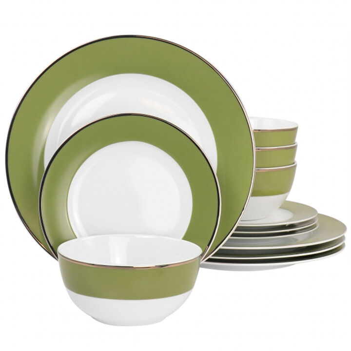 Martha Stewart Gold Rimmed 12 Piece Fine Ceramic Dinnerware Set in Green