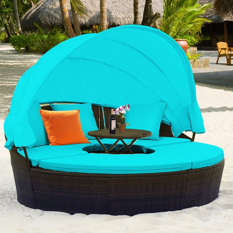 Mondawe Patio Round Rattan Daybed with Retractable Canopy and Height Adjustable Coffee Table