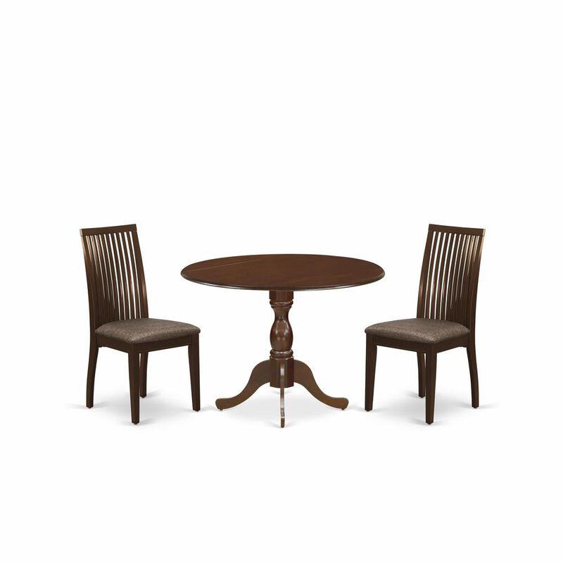 East West Furniture DMIP3-MAH-C 3 Piece Dining Room Table Set - Kitchen Table and 2 Mahogany Linen Fabric Dining Room Chairs with Slatted Back- Mahogany Finish